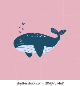 Cuta caricatura de ballena azul con corazones en un fondo rosado. Animales del océano silvestre dibujados a mano ilustrando vectores. Carácter de bebé aislado y adorable de estilo plano.