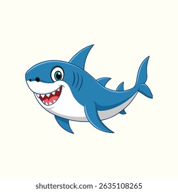 A cute cartoon blue whale with large, expressive eyes, rosy cheeks, and a gentle smile is swimming. It has a lighter blue underside and a small spout of water coming from its head