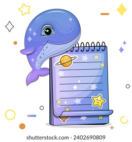 A cute cartoon blue whale and a blue notebook with stickers. Vector illustration of animal on a white background with stars, circles.