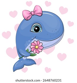 Cute Cartoon Blue Whale with pink flower and hair bow. Vector Illustration with animal on white background with pink hearts.