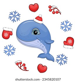 Cute cartoon blue whale with a red hat in a winter frame. Vector illustration of an animal with red mittens, berries, hearts and blue snowflakes on a white background.