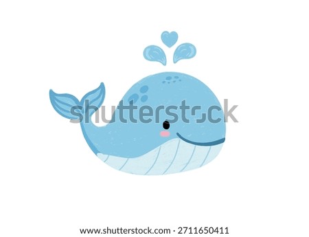  Cute cartoon blue whale spouting water isolated on white background