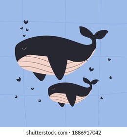 Cute cartoon blue whales with hearts. Mom and baby blue whales card. Wild marine mammals. Doodle illustration vector.