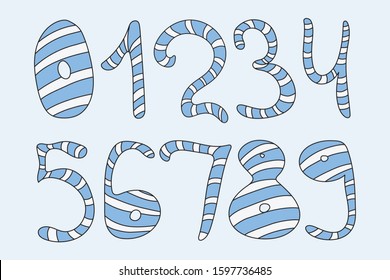 Cute cartoon blue and white numbers  from zero to nine. Vector illustration set isolated on blue background. Hand drawn doodle illustration. 