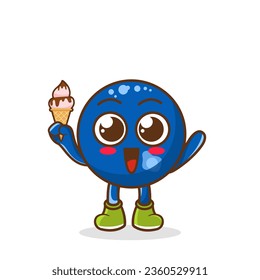 Cute Cartoon blueberry fruit character holding ice cream cone