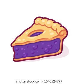 Cute cartoon blueberry pie drawing. Hand drawn slice of traditional berry pie. Isolated vector illustration.