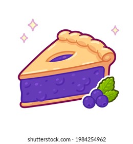 Cute cartoon blueberry pie drawing. Simple hand drawn pie slice with berries. Isolated vector clip art illustration.