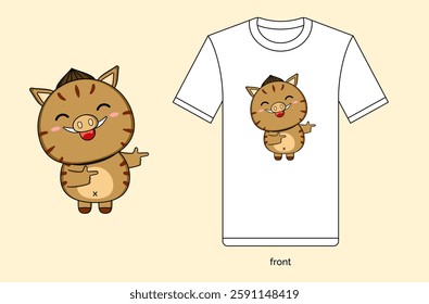 Cute cartoon boar mascot illustration in vector design, with T-shirt mockup. EPS 10