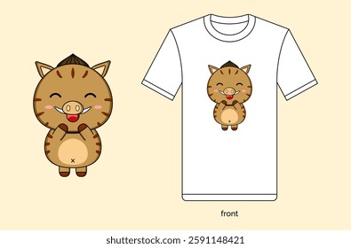 Cute cartoon boar mascot illustration in vector design, with T-shirt mockup. EPS 10