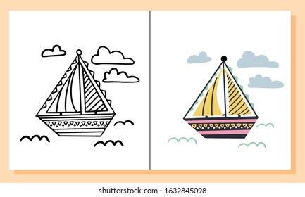 A cute cartoon boat is floating on the waves. Hand-drawn illustration for children's coloring.