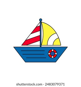 A cute cartoon boat is floating on the waves. Hand-drawn illustration for children's coloring.