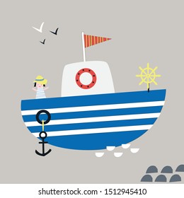 Cute cartoon boat swaying on the waves. Kids picture with ship in the sea for poster or children's bedroom