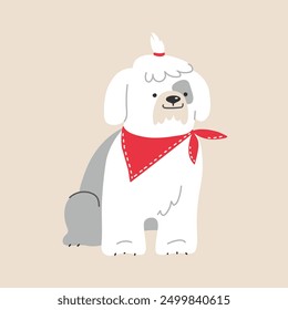 Cute cartoon Bobtail dog with a bandana on his neck. Vector illustration in flat style