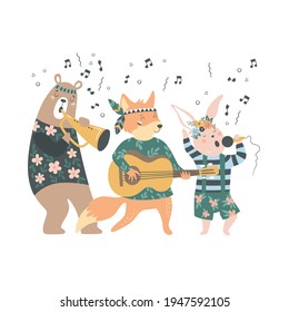 Cute cartoon bohemian animals musicians playing on different instruments with singing bunny. Childish vector illustration, unique design for cards, posters, invitations, t-shirts.