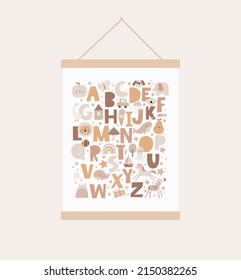 Cute cartoon Bohemian nursery alphabet. Boho vector print for wall decor in children's bedroom. ABC poster with cute animals