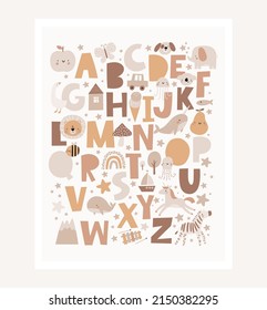 Cute cartoon Bohemian nursery alphabet. Boho vector print for wall decor in children's bedroom. ABC poster with cute animals