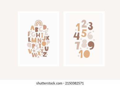 Cute cartoon Bohemian nursery alphabet. Boho vector print for wall decor in children's bedroom. ABC and number poster 