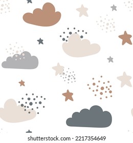 Cute cartoon Bohemian nursery. Boho vector print for wall decor in children's bedroom. Seamless pattern with cartoon stars and clouds