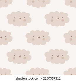 Cute cartoon Bohemian nursery pattern. Boho vector print for wall decor in children's bedroom. Seamless pattern with cartoon cloud 