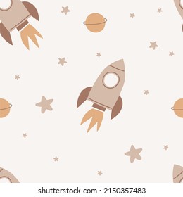 Cute Cartoon Bohemian Nursery Pattern. Boho Vector Print For Wall Decor In Children's Bedroom. Seamless Pattern With Cartoon Rocket In Space