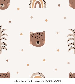 Cute cartoon Bohemian nursery pattern. Boho vector print for wall decor in children's bedroom. Seamless pattern with cartoon leopard and leaves