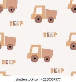 Cute cartoon Bohemian nursery pattern. Boho vector print for wall decor in children's bedroom. Seamless pattern with cartoon truck