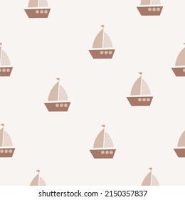 Cute cartoon Bohemian nursery pattern. Boho vector print for wall decor in children's bedroom. Seamless pattern with cartoon ship