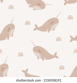 Cute cartoon Bohemian nursery pattern. Boho vector print for wall decor in children's bedroom. Seamless pattern with cartoon narwhal