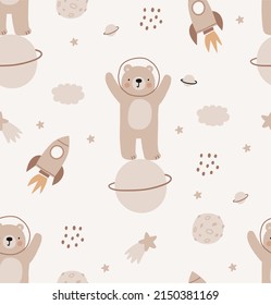 Cute cartoon Bohemian nursery pattern. Boho vector print for wall decor in children's bedroom. Seamless pattern with cartoon bear and space