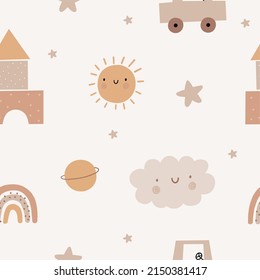 Cute cartoon Bohemian nursery pattern. Boho vector print for wall decor in children's bedroom. Seamless pattern with cartoon car, sun, planet