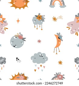Cute cartoon Bohemian nursery pattern. Boho vector print for wall decor in children's bedroom. Seamless pattern with cartoon rainbow, sun, planet