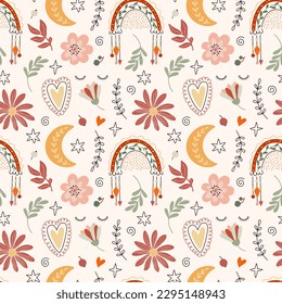 Cute cartoon Bohemian nursery pattern. Boho vector print for wall decor in children's bedroom. Seamless pattern with cartoon rainbow, moon, flowers, sleeps eyes. Pastel color, brown color.