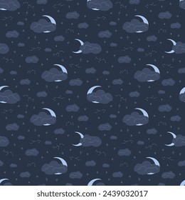 Cute cartoon Bohemian nursery pattern. Boho vector print for wall decor in children's bedroom. Seamless pattern with cartoon sky, clouds, planet, crescent moon, stars on dark background.
