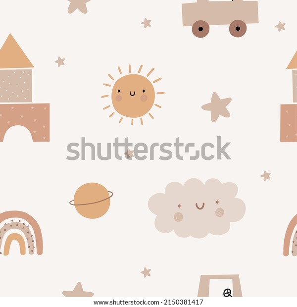 Cute cartoon Bohemian nursery pattern. Boho vector\
print for wall decor in children\'s bedroom. Seamless pattern with\
cartoon car, sun, planet