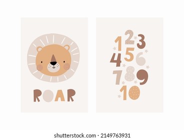 Cute cartoon Bohemian nursery posters. Boho vector print for wall decor in children's bedroom. Cute characters and hand drawn lettering quote. Lion and numbers