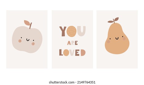 Cute cartoon Bohemian nursery posters. Boho vector print for wall decor in children's bedroom. Cute characters and hand drawn lettering quote. Apple and pear