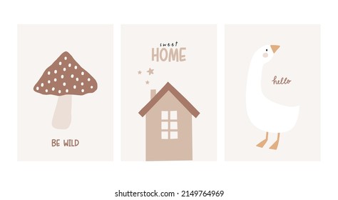 Cute cartoon Bohemian nursery posters. Boho vector print for wall decor in children's bedroom. Cute characters and hand drawn lettering quote. Mushroom, house and goose