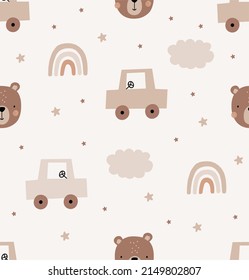 Cute cartoon Bohemian nursery posters. Boho vector print for wall decor in children's bedroom. Seamless pattern with cartoon car

