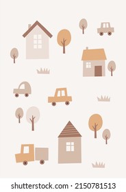 Cute cartoon Bohemian nursery posters. Boho vector print for wall decor in children's bedroom. Cute cars 