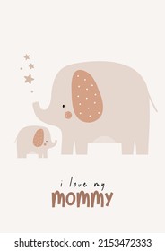 Caricatura de caricatura finlandesa. Impresión vectorial Boho para la decoración de paredes en el dormitorio de los niños. Caracteres cortos y comillas con letras dibujadas a mano. Madre elefante y bebé