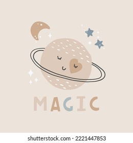 Cute cartoon Bohemian nursery posters. Boho vector print for wall decor in children's bedroom. Cute characters planet and hand drawn lettering quote.