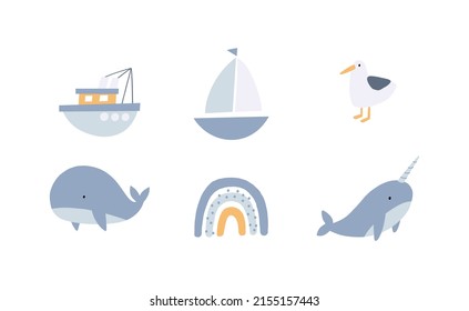 Cute cartoon Bohemian nursery print. Vector print for wall decor in children's bedroom. Cute characters - rainbow, ship, whale, narwhal, seagull