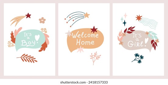 Cute cartoon boho baby cards with with inscriptions, it's a boy, it's a girl, welcome home. Boho vector print for wall decor in children's bedroom, postcard template, Bohemian nursery posters.