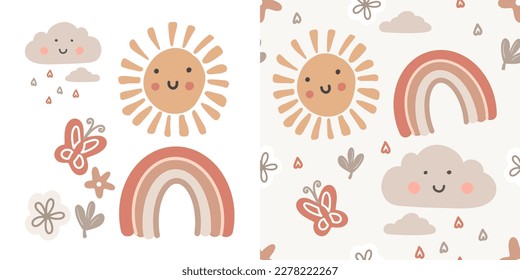 Cute cartoon boho nursery pattern. Vector print for wall decor in children bedroom. Seamless pattern with cartoon rainbow, sun and clouds