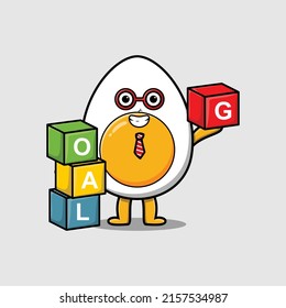 Cute cartoon boiled egg businessman stacking goal box in 3d modern style design