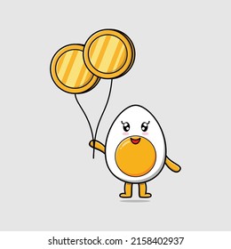 Cute cartoon boiled egg businessman floating with gold coin balloon cartoon vector illustration