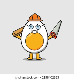 Cute cartoon boiled egg as carpenter character with saw and wood in 3d modern style design
