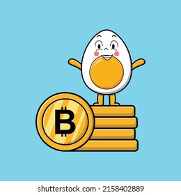 Cute cartoon boiled egg character standing in stacked gold coin vector illustration