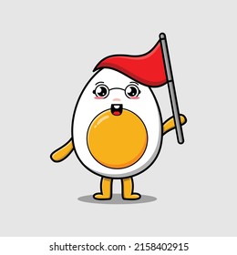 Cute cartoon Boiled egg character holding triangle flag in 3d modern design