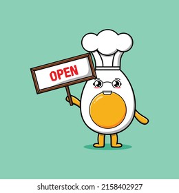 Cute cartoon boiled egg character holding open sign designs in concept 3d cartoon style